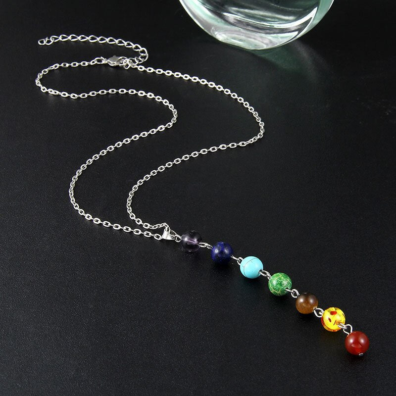 7 Chakra Beads Yoga Reiki Rainbow Round Natural Stone Long Drop Necklace
