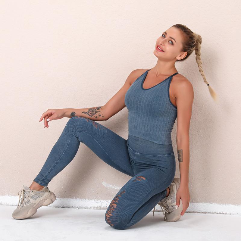 Yoga Suit Knitted Running Sports Fitness Suit Women High Elastic Push-up Vest Hip Lifting Solid Yoga Pants