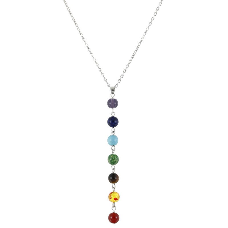 7 Chakra Beads Yoga Reiki Rainbow Round Natural Stone Long Drop Necklace