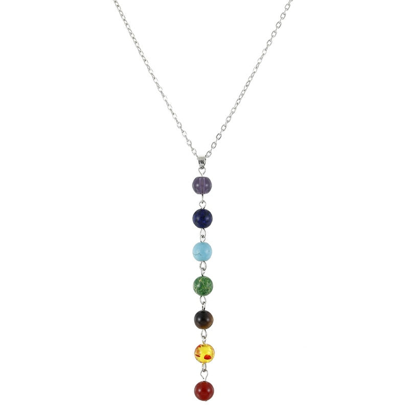 7 Chakra Beads Yoga Reiki Rainbow Round Natural Stone Long Drop Necklace