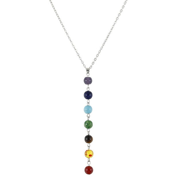 7 Chakra Beads Yoga Reiki Rainbow Round Natural Stone Long Drop Necklace