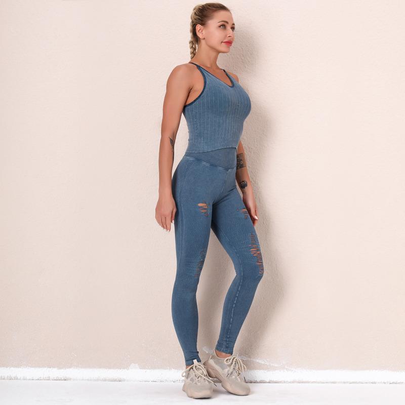 Yoga Suit Knitted Running Sports Fitness Suit Women High Elastic Push-up Vest Hip Lifting Solid Yoga Pants