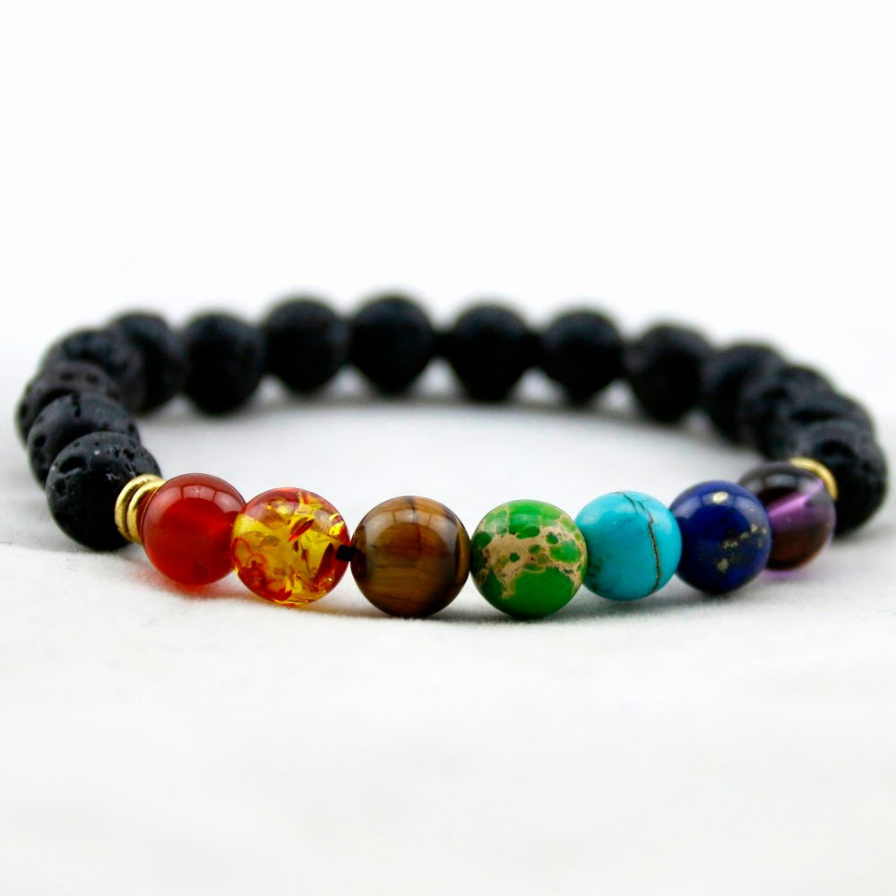 7 Chakra Reiki Bracelet with Real Stones and Lava Beads